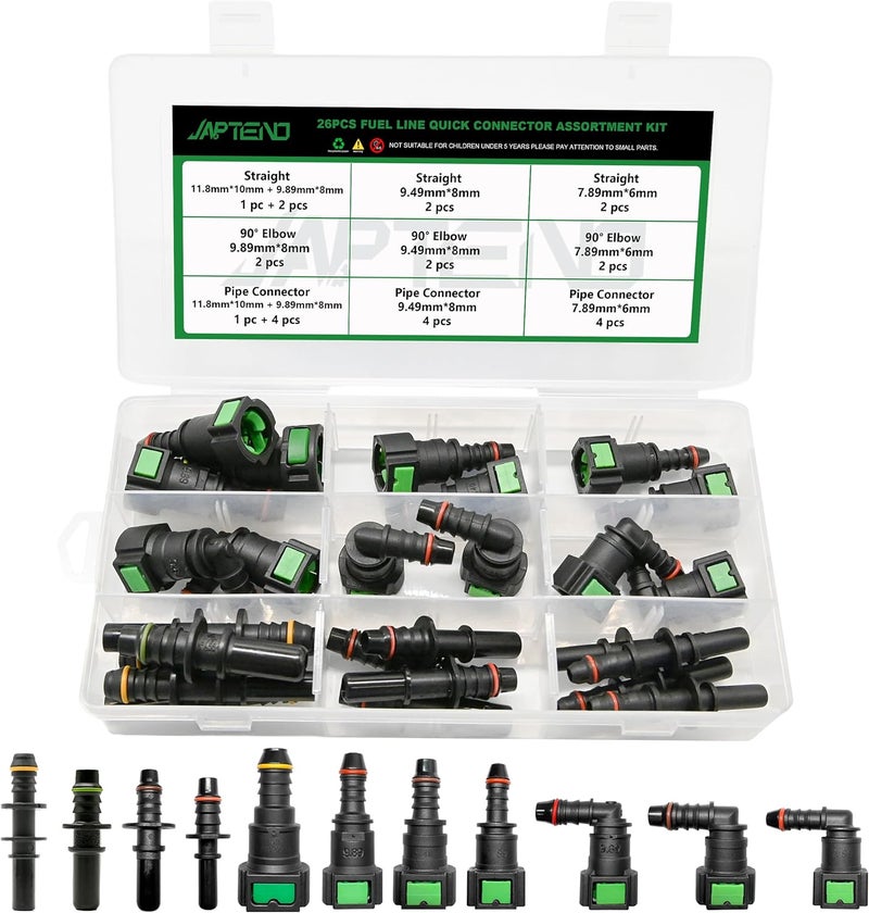 Japtend 26pcs Fuel Line Quick Connect Assortment Kit, 11 Sizes Fuel Line Repair Kit Straight Elbow Pipe Connector Fittings SAE 7.89mm to 11.8mm - Image 1